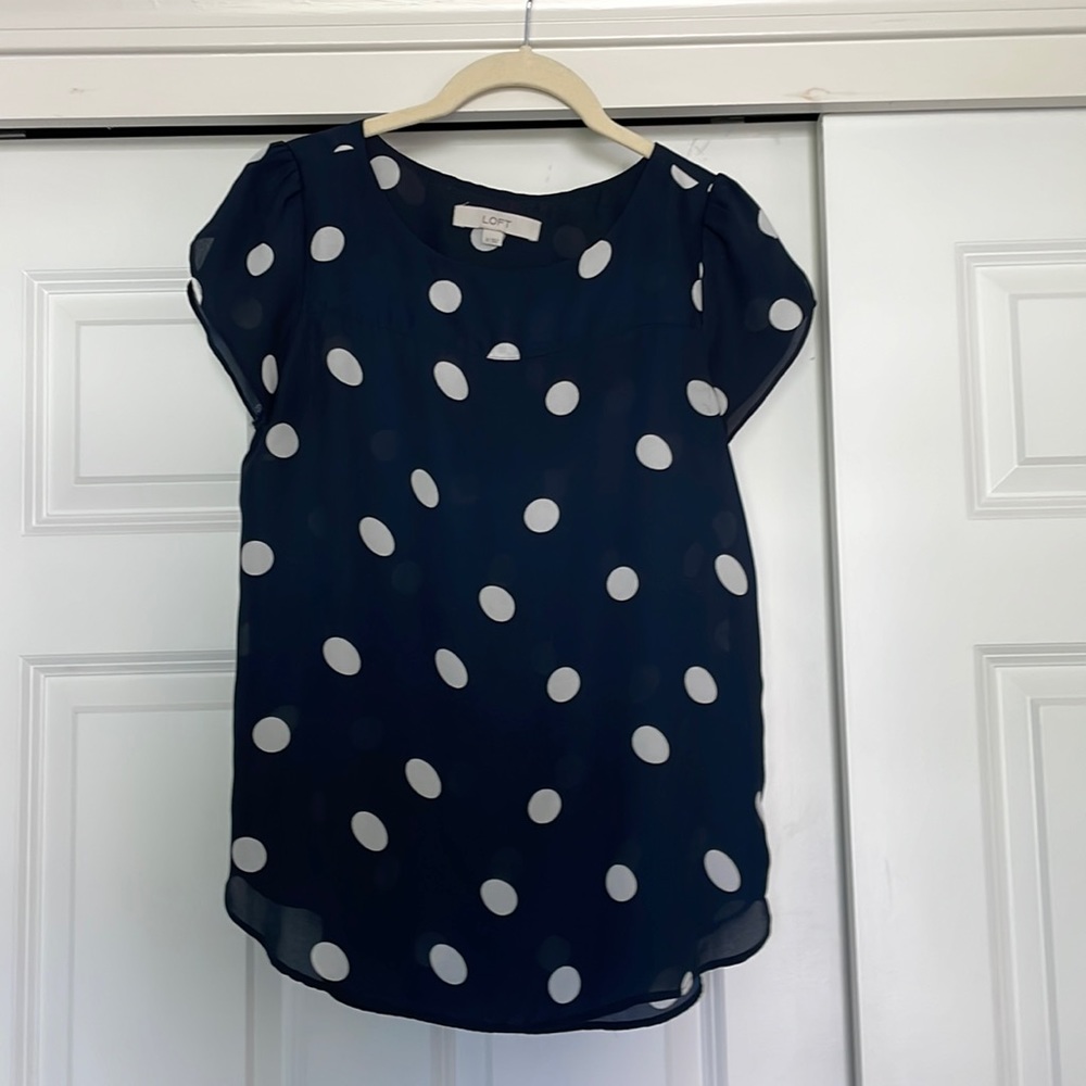 Loft XS Navy and white polka dot shirt